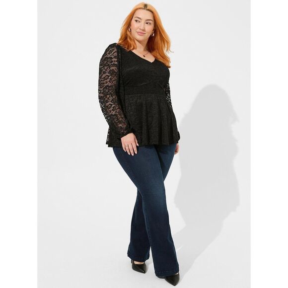 NWT Torrid 0 Black Stretch Lace V-Neck Smocked Waist Long Sleeve Babydoll Top - Picture 5 of 9